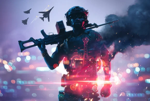 Battlefield 6 Saison 5 : key art officiel Siege of Las Vegas, soldat devant le Strip en flammes
