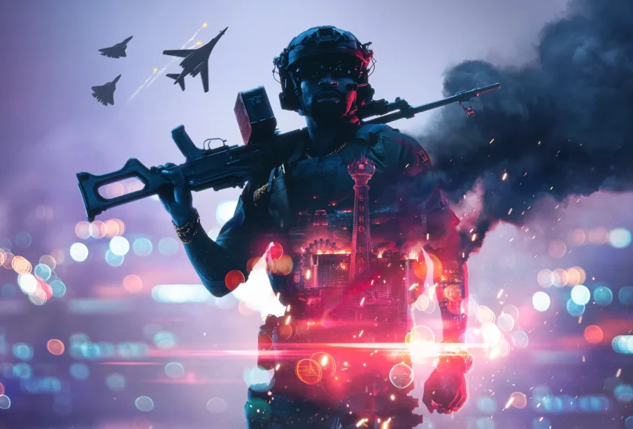 Battlefield 6 Saison 5 : key art officiel Siege of Las Vegas, soldat devant le Strip en flammes