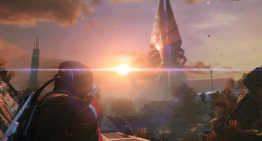 BioWare ferme : le commandant Shepard face à un Moissonneur dans Mass Effect Legendary Edition
