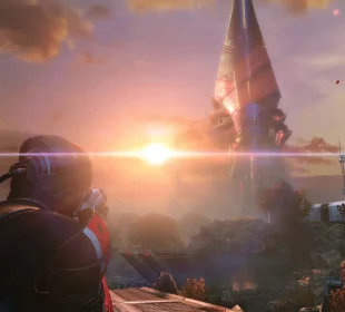 BioWare ferme : le commandant Shepard face à un Moissonneur dans Mass Effect Legendary Edition