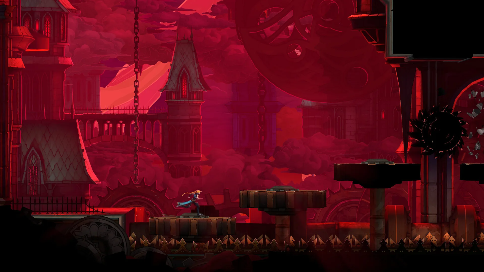 Castlevania Belmont's Curse : Rose Belmont court sur des engrenages géants sous un ciel rouge