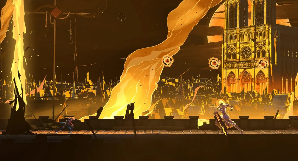 Castlevania Belmont's Curse fins : Rose Belmont affronte une guerrière en armure devant Notre-Dame