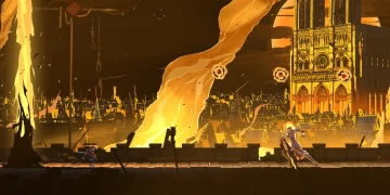 Castlevania Belmont's Curse fins : Rose Belmont affronte une guerrière en armure devant Notre-Dame