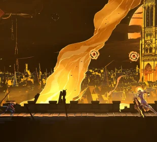 Rose Belmont à Paris devant Notre-Dame en flammes dans Castlevania: Belmont’s Curse