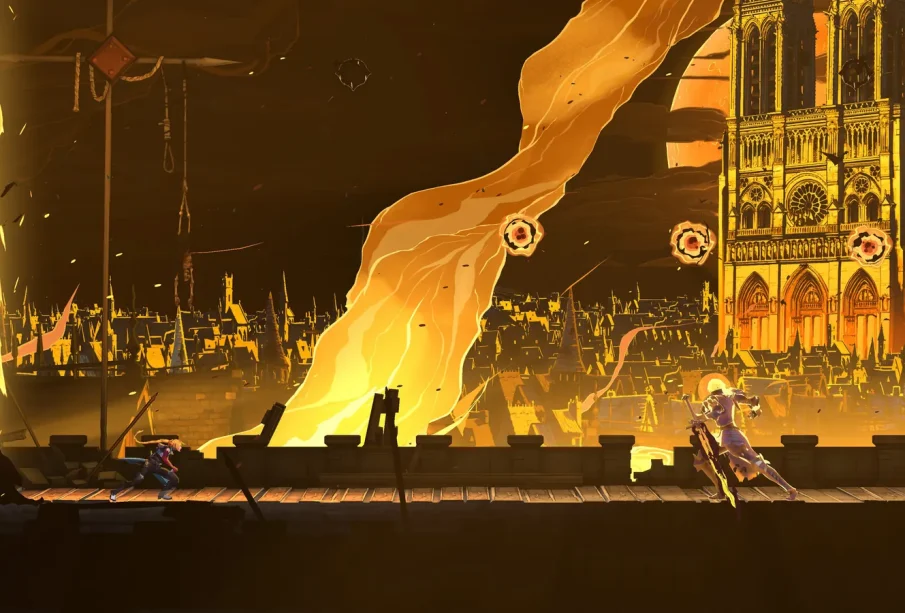 Rose Belmont à Paris devant Notre-Dame en flammes dans Castlevania: Belmont’s Curse