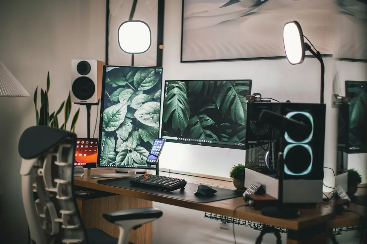 Setup sur un bureau en bois avec deux écrans, plantes, chaise réglable et rangement des câbles