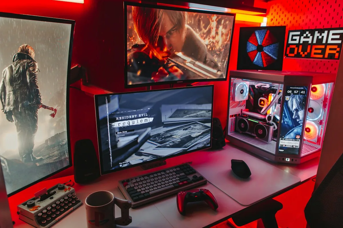 Bureau gaming éclairé en rouge avec PC vitré, plusieurs écrans et décoration Resident Evil
