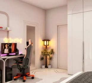 Visualisation 3D d’une chambre gaming claire avec lit, bureau, fauteuil et rangements