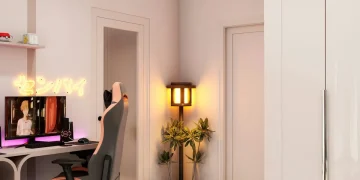 Visualisation 3D d’une chambre gaming claire avec lit, bureau, fauteuil et rangements