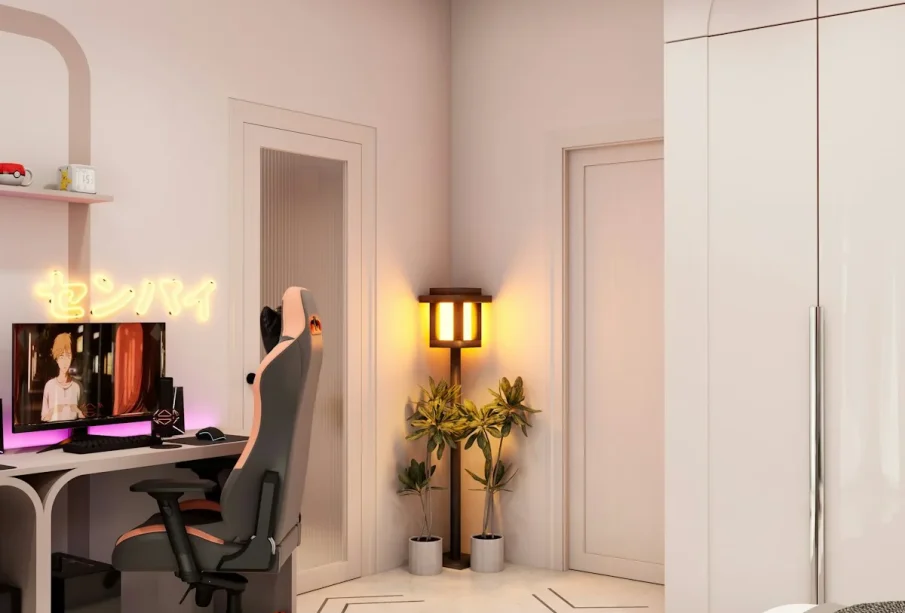 Visualisation 3D d’une chambre gaming claire avec lit, bureau, fauteuil et rangements
