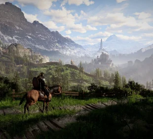 Crimson Desert astuces débutant : Kliff à cheval face aux montagnes de Pywel