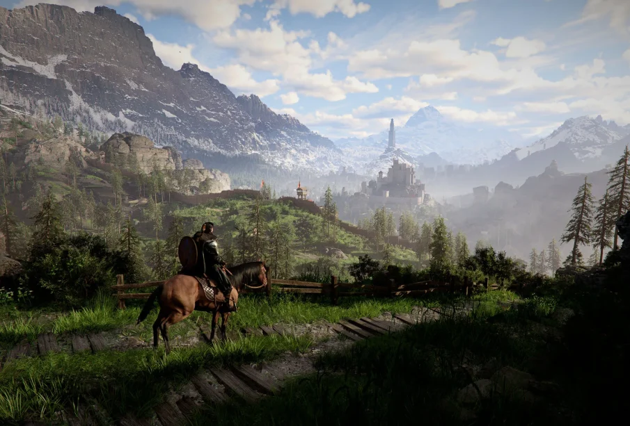 Crimson Desert astuces débutant : Kliff à cheval face aux montagnes de Pywel