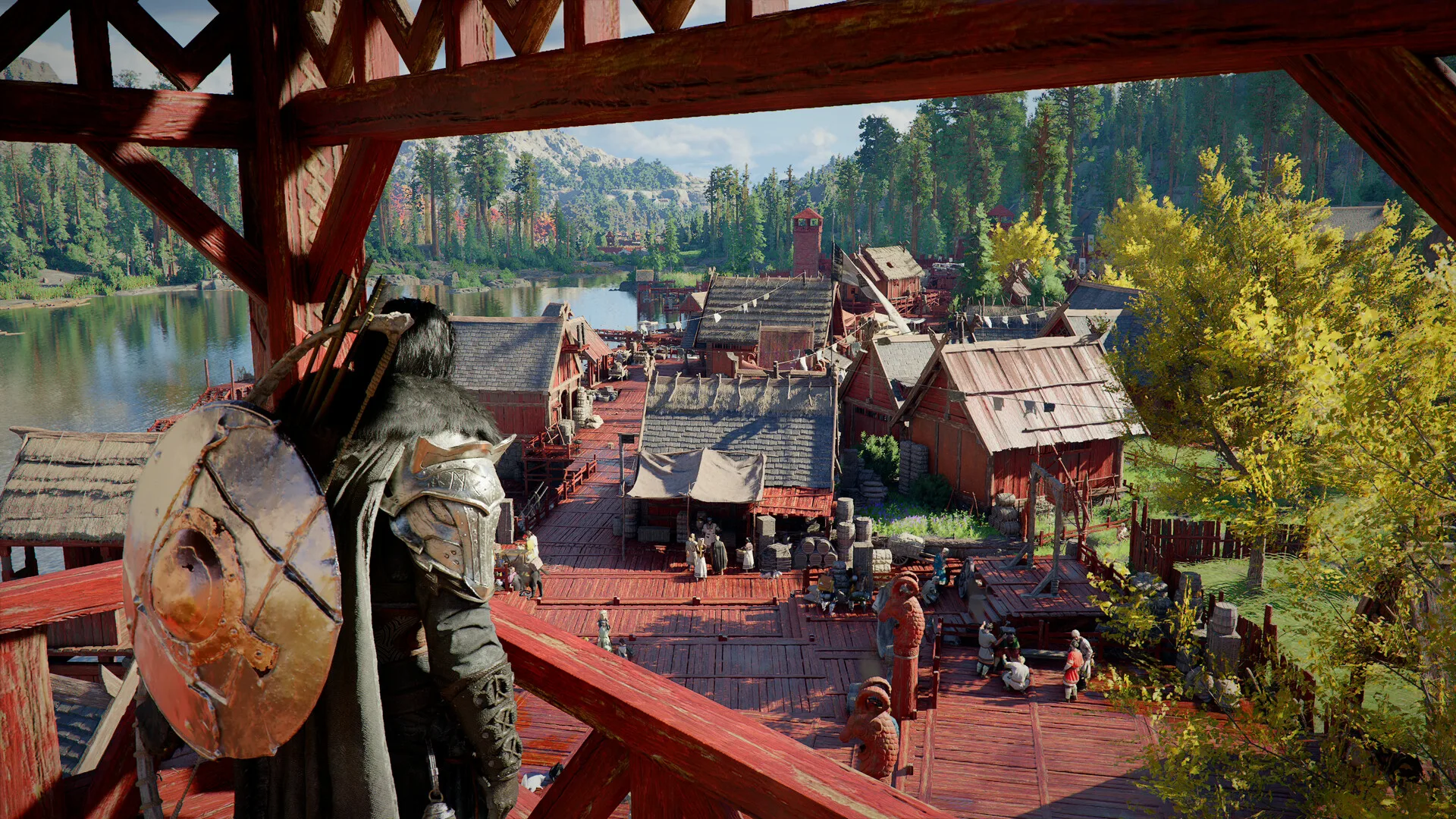 Crimson Desert astuces : Kliff observe un village de Pywel depuis un ponton
