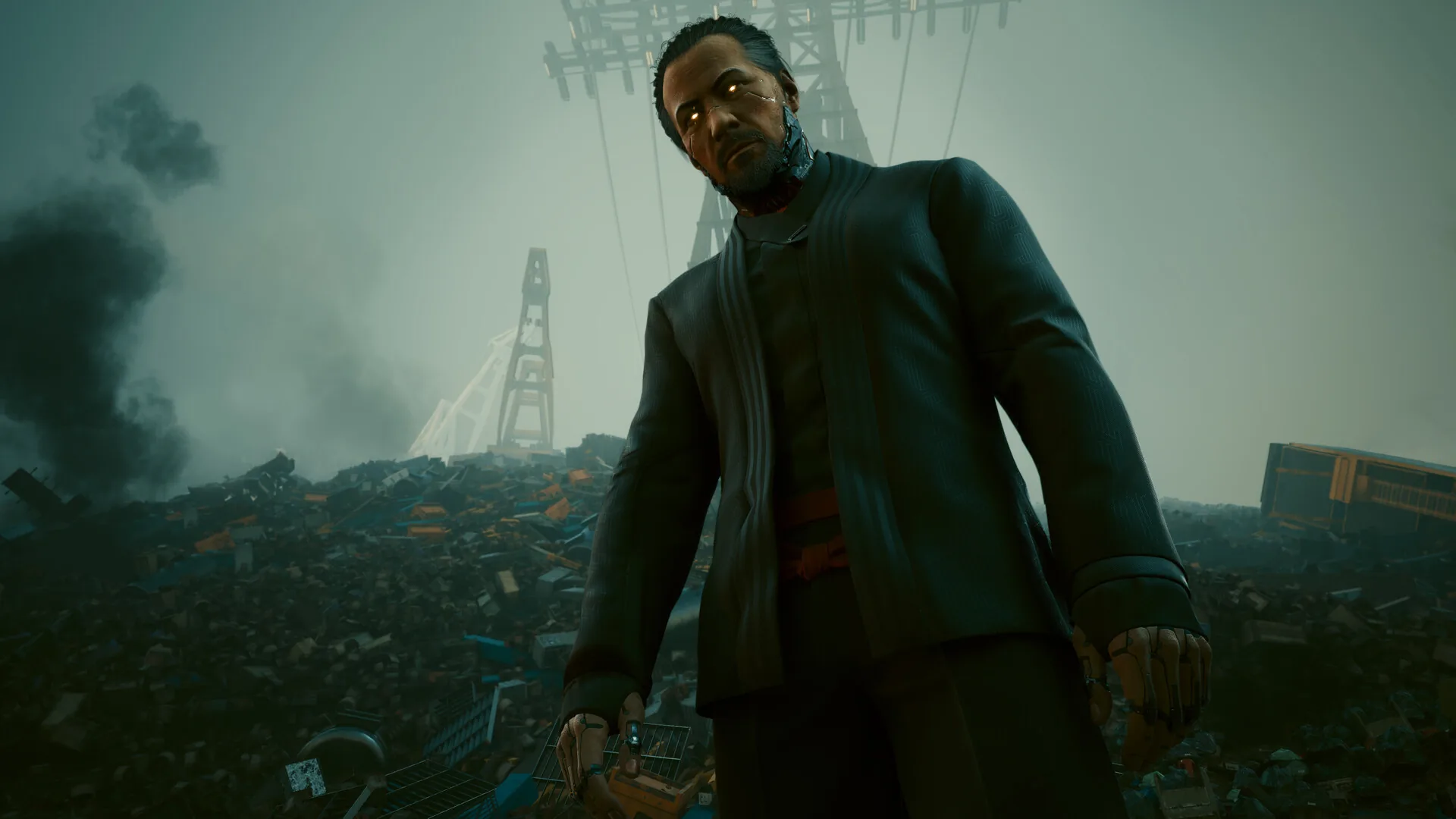 Solomon Reed dans un décor en ruines enfumé, Cyberpunk 2077 fin La Tour