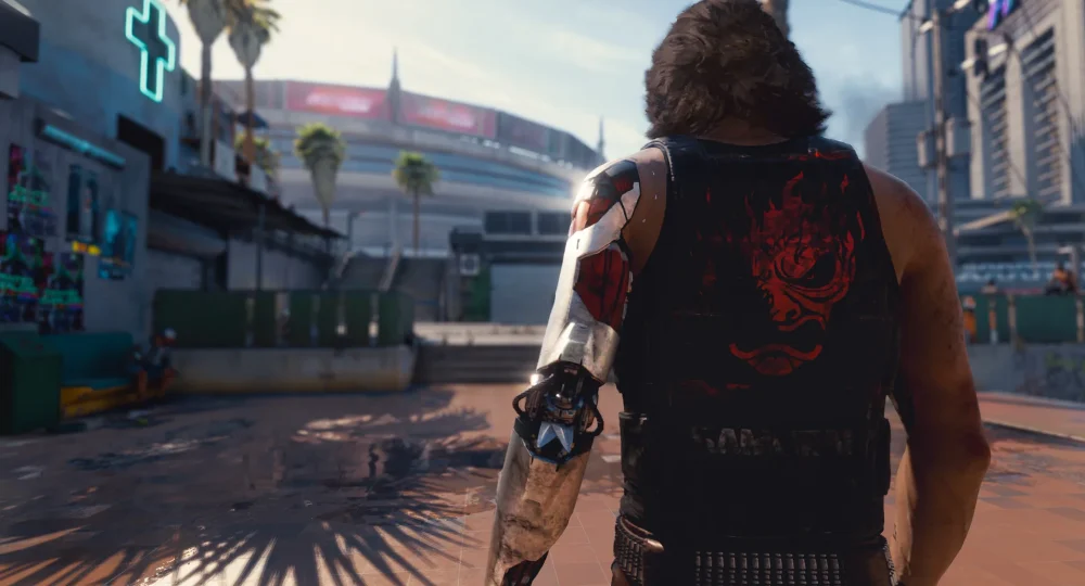 Johnny Silverhand de dos face à Night City, Cyberpunk 2077 fins