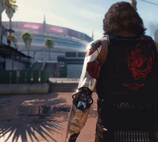 Johnny Silverhand de dos face à Night City, Cyberpunk 2077 fins