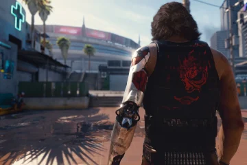 Johnny Silverhand de dos face à Night City, Cyberpunk 2077 fins
