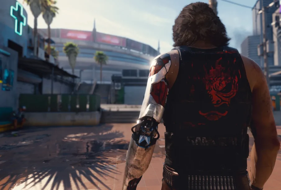 Johnny Silverhand de dos face à Night City, Cyberpunk 2077 fins