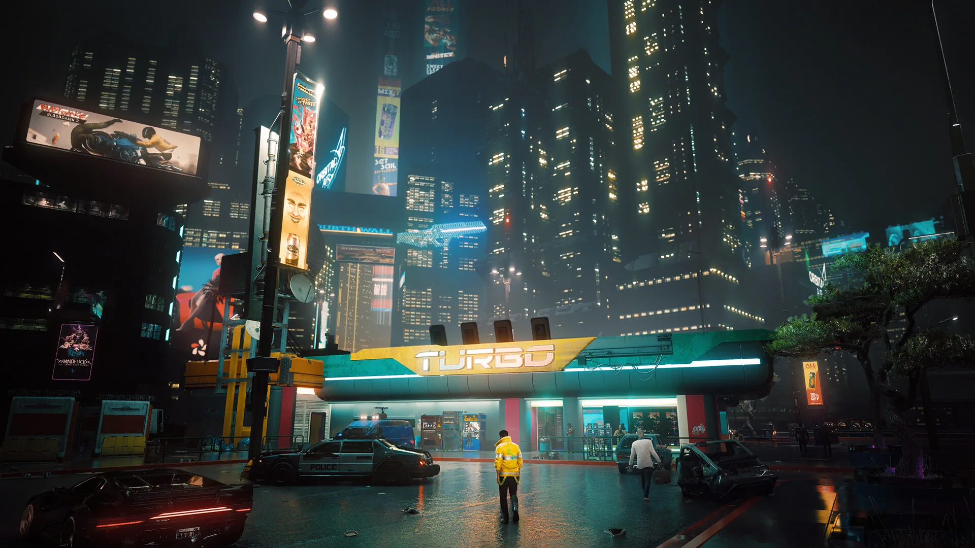 Rue de Night City de nuit au pied des gratte-ciel, Cyberpunk 2077 fins