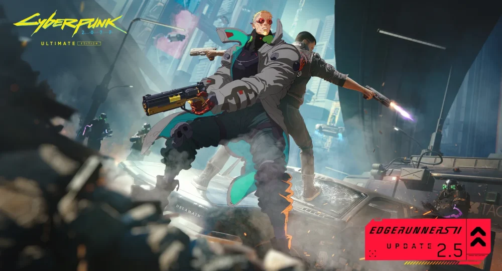 Cyberpunk 2077 mise à jour 2.5 : deux mercenaires dos à dos, pistolets en main, visuel Edgerunners 2