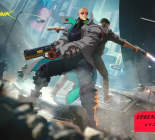 Cyberpunk 2077 mise à jour 2.5 : deux mercenaires dos à dos, pistolets en main, visuel Edgerunners 2