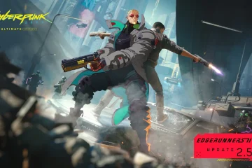 Cyberpunk 2077 mise à jour 2.5 : deux mercenaires dos à dos, pistolets en main, visuel Edgerunners 2