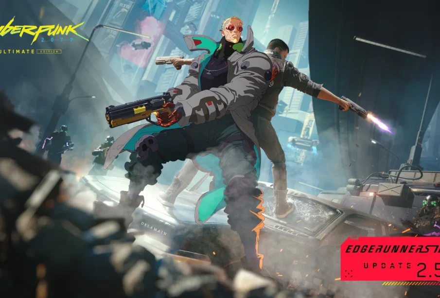 Cyberpunk 2077 mise à jour 2.5 : deux mercenaires dos à dos, pistolets en main, visuel Edgerunners 2