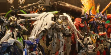 Déco geek : collection de maquettes Gunpla exposée en vitrine