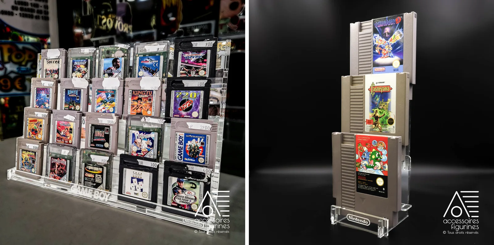 Déco geek : présentoirs en plexiglas pour cartouches Game Boy et NES