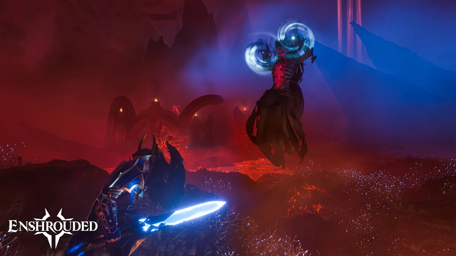 Enshrouded 1.0 : combat contre une créature en lévitation au milieu des coulées de lave, capture officielle
