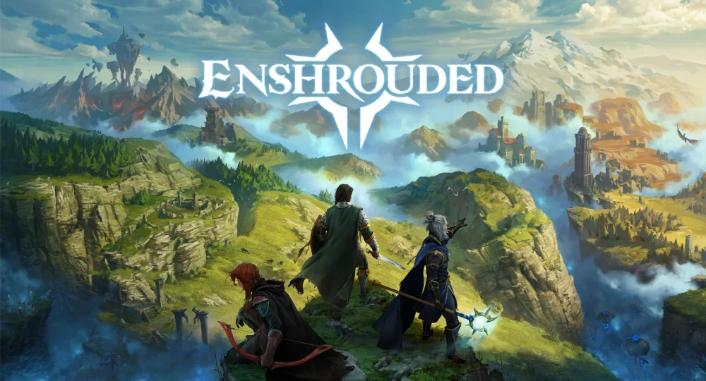 Enshrouded 1.0 : key art officiel de la sortie PC et PS5, trois héros face à Embervale