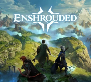 Enshrouded 1.0 : key art officiel de la sortie PC et PS5, trois héros face à Embervale