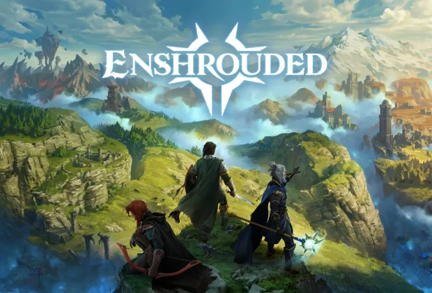 Enshrouded 1.0 : key art officiel de la sortie PC et PS5, trois héros face à Embervale