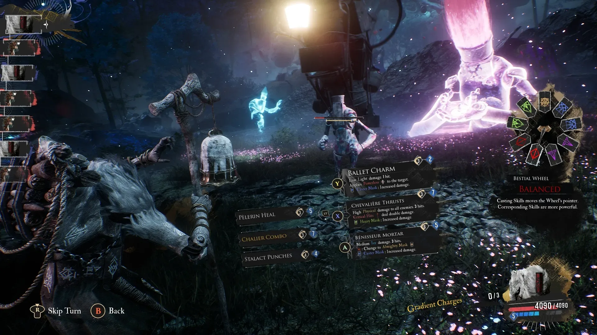 Combat au tour par tour dans Expedition 33 pendant la chasse aux Gestrals perdus