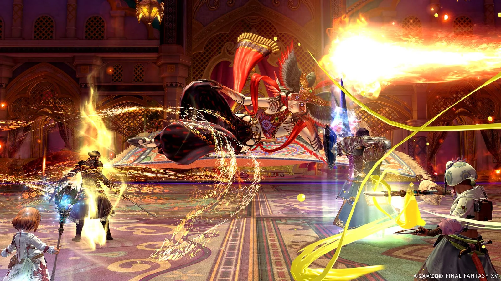 Contes du Camelot, donjon à embranchements de FFXIV : combat de boss sur un tapis volant