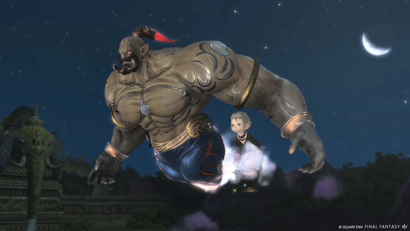 Contes du Camelot, donjon à embranchement de FFXIV : un génie géant sous un ciel étoilé