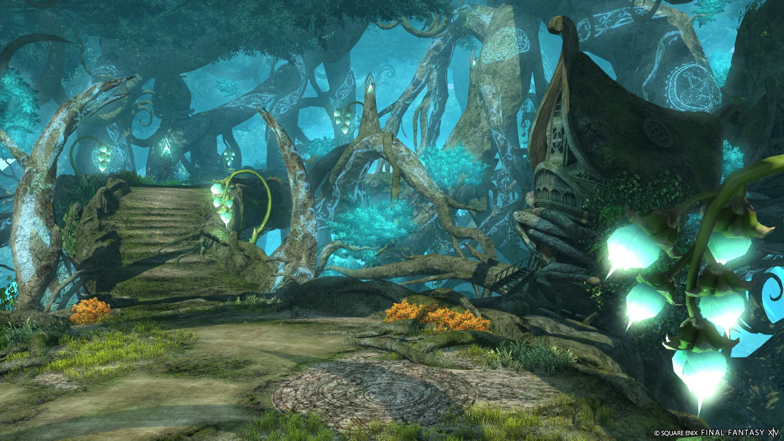 L'île d'Aloalo, donjon à embranchements de FFXIV : forêt féérique aux lueurs turquoise