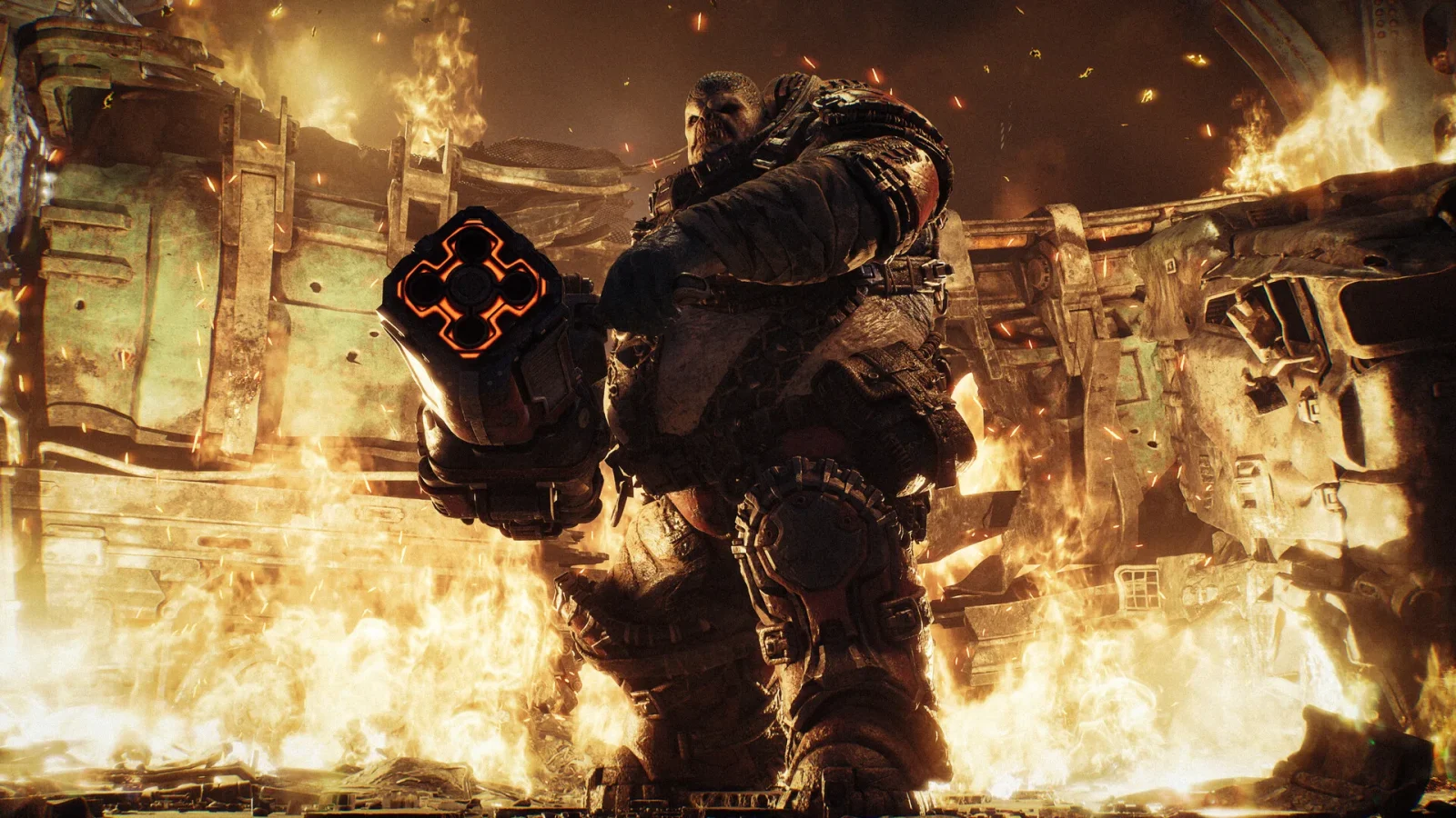 Gears of War E-Day astuces : un Boomer et son Boomshot au milieu des flammes