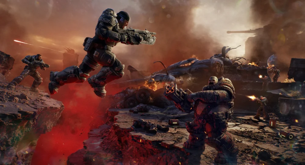 Gears of War E-Day soluce : un Gear bondit au-dessus d'une faille face à un Boomer