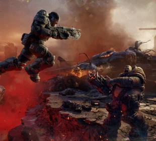 Gears of War E-Day soluce : un Gear bondit au-dessus d'une faille face à un Boomer
