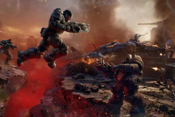 Gears of War E-Day soluce : un Gear bondit au-dessus d'une faille face à un Boomer