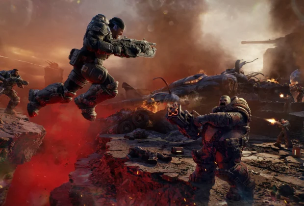Gears of War E-Day soluce : un Gear bondit au-dessus d'une faille face à un Boomer
