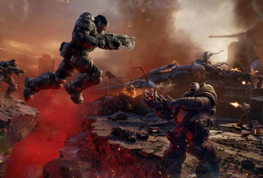 Gears of War E-Day soluce : un Gear bondit au-dessus d'une faille face à un Boomer