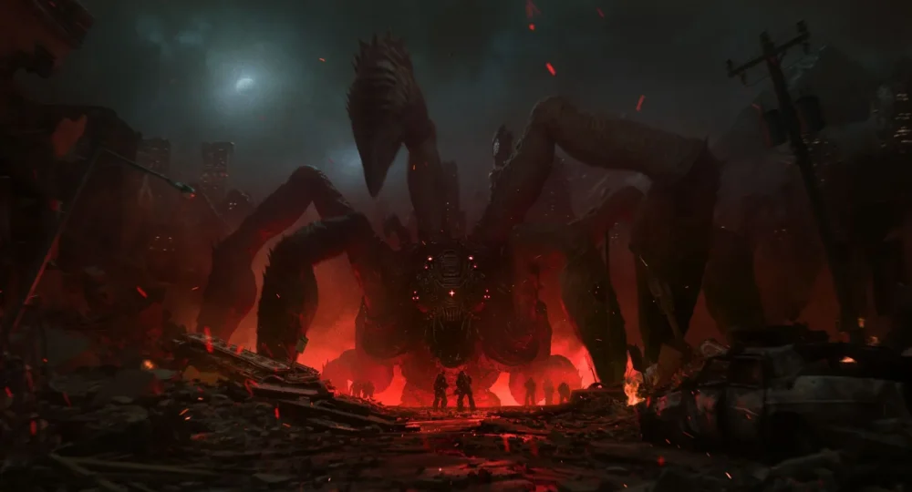 Gears of War E-Day : key art officiel, une créature Locuste géante domine les ruines de Kalona