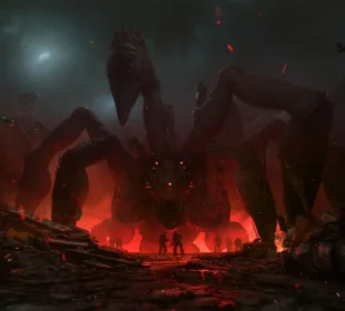 Gears of War E-Day : key art officiel, une créature Locuste géante domine les ruines de Kalona