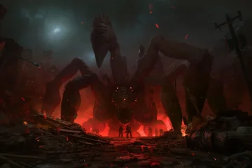 Gears of War E-Day : key art officiel, une créature Locuste géante domine les ruines de Kalona