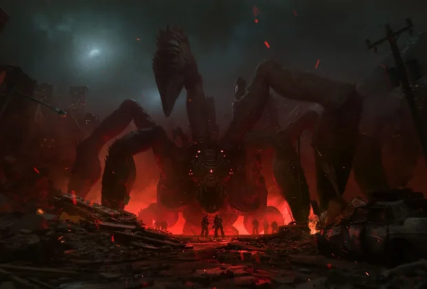Gears of War E-Day : key art officiel, une créature Locuste géante domine les ruines de Kalona