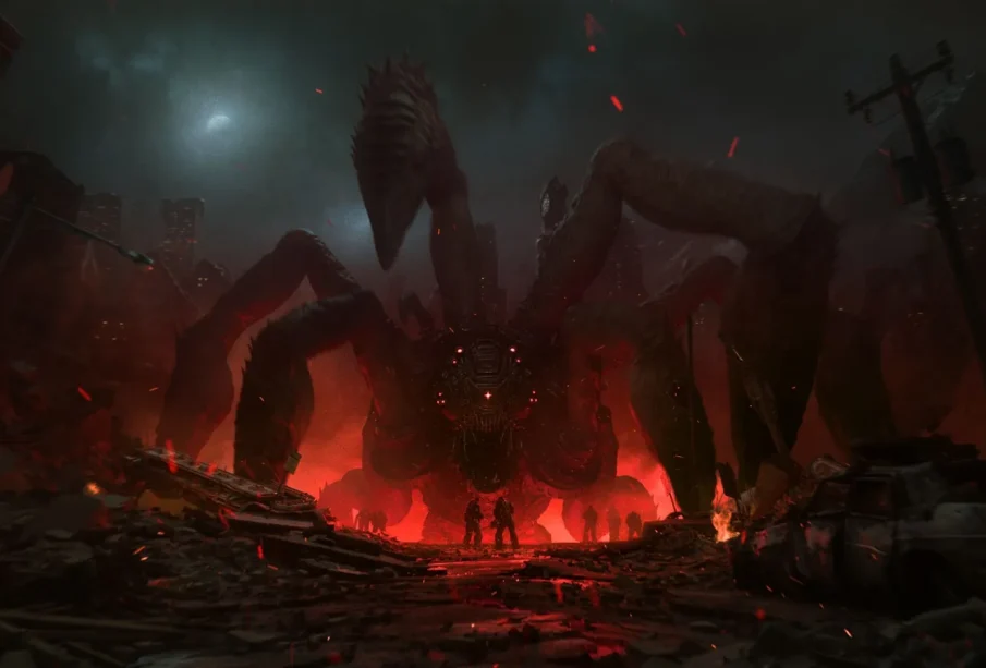 Gears of War E-Day : key art officiel, une créature Locuste géante domine les ruines de Kalona