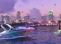 GTA VI PC : un bateau Squalo file devant la skyline de Vice City au crépuscule