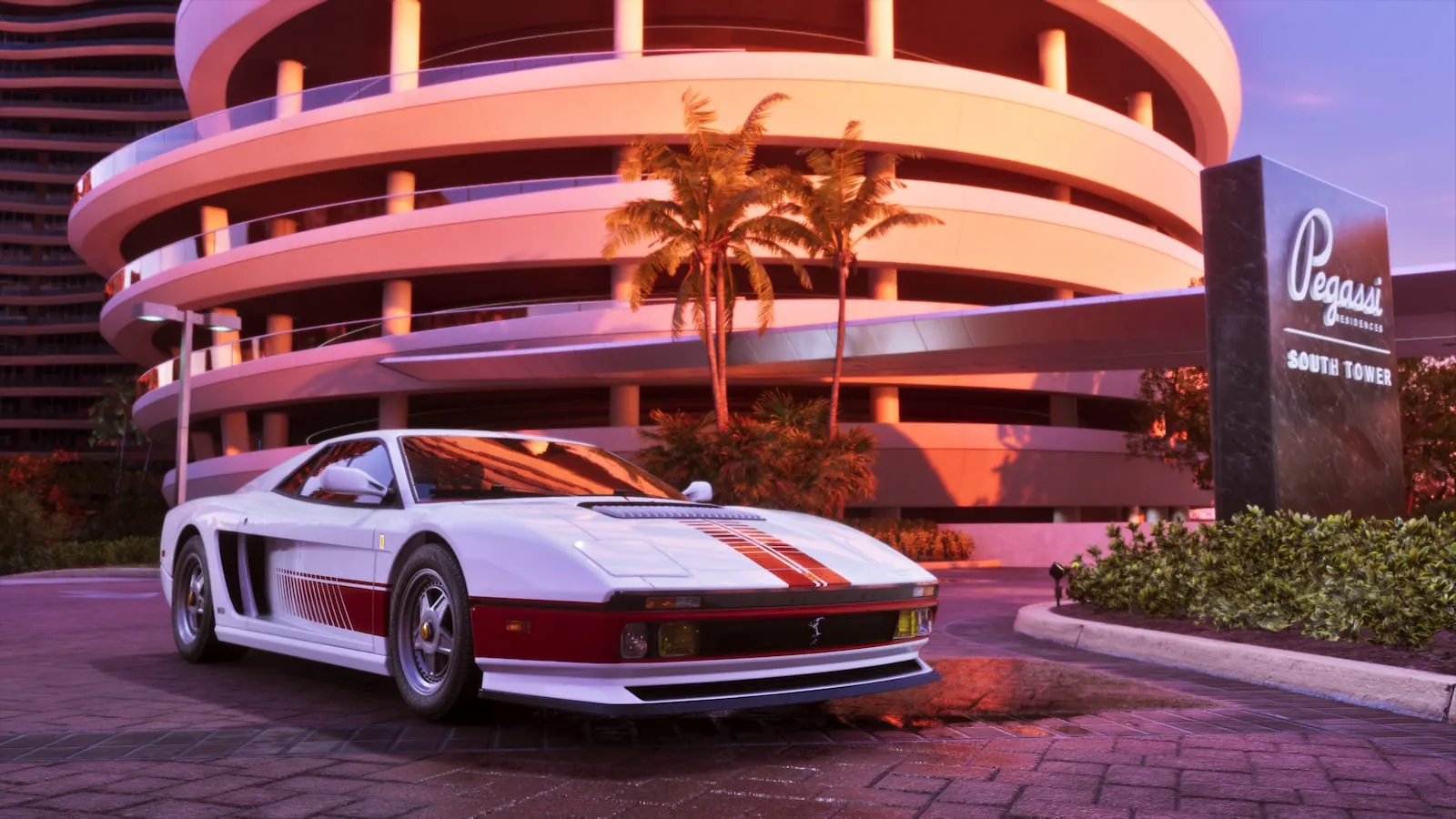 GTA VI PC : une Grotti Cheetah devant une tour de Vice City, screenshot officiel